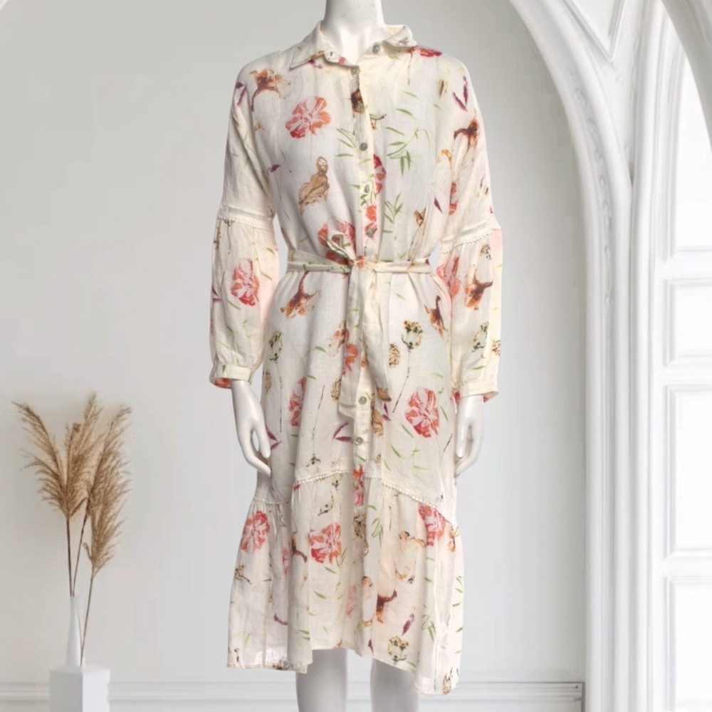 120% Lino Peasant Sleeve Linen Shirt‎ Dress Floral Midi Lace Pom Pom White Sz L